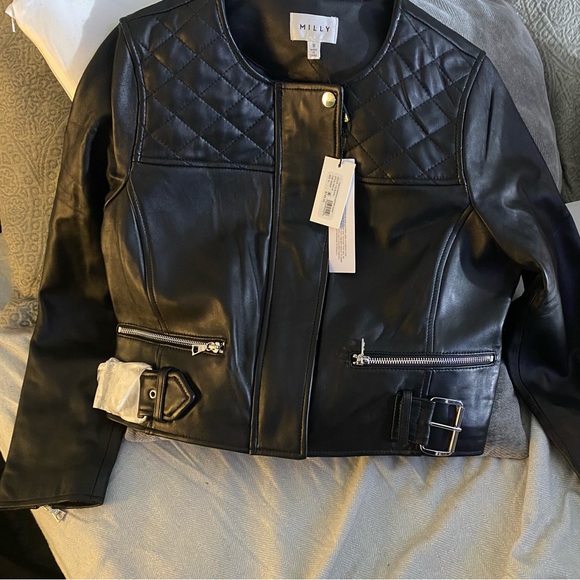 MILLY BLK LEATHER CROP JACKET/MEDIUM - Picture 2 of 3